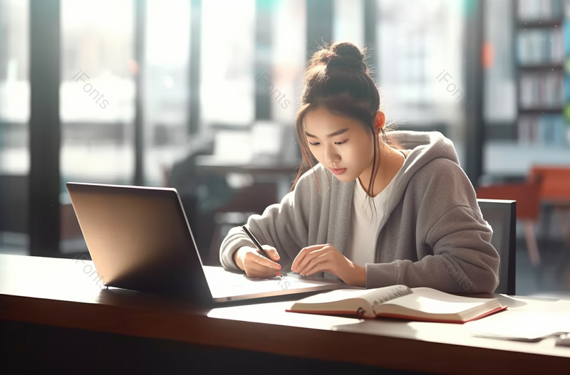 大学图书馆里女学生拿笔认真学习,高清,摄影图,摄影图片,图片大全,摄影图免费下载